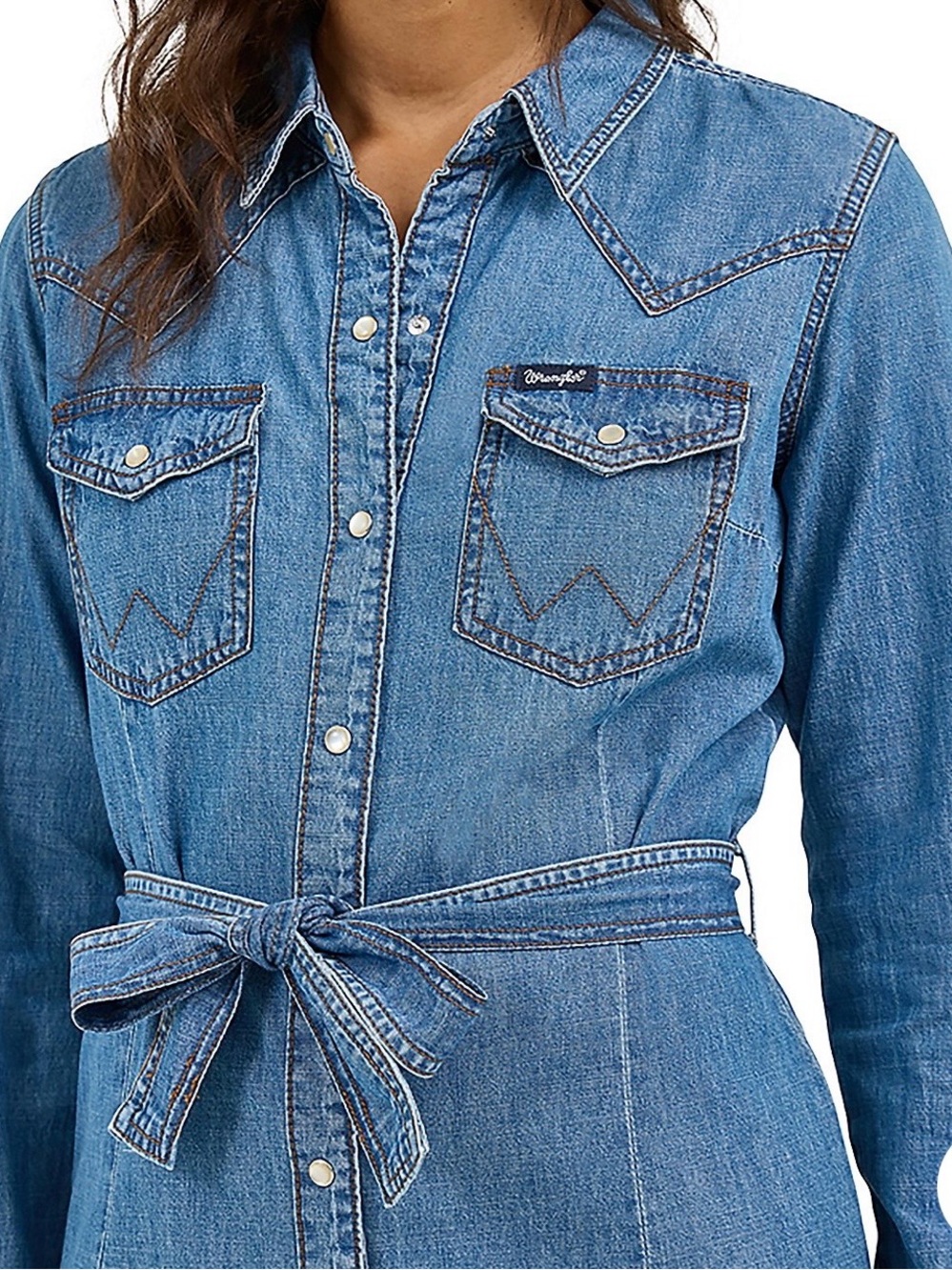 Wrangler Retro Denim Dress with Waist Tie and Pearl Snaps. Size XL - Picture 3 of 8